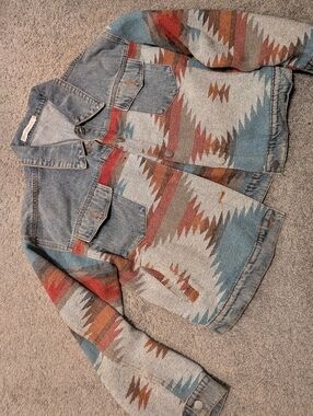 Denim Aztec Pattern Jacket in Blue, Rust & Tan